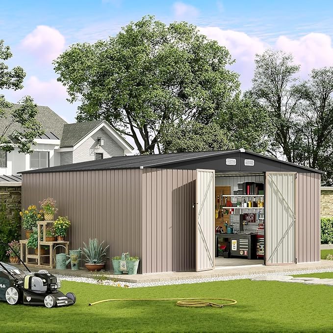 Aoxun 14x12 FT Large Shed Outdoor Storage Shed with 2 Large and Tall Doors, Utility Tool Shed Storage House with Lock, Metal Sheds with Sloped Roof for Patio Garden Lawn, Brown