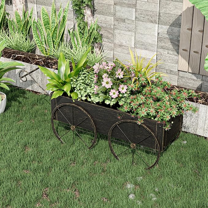 Small Raised Garden Bed Outdoor with Wagon Wheels, Metal Wagon Planter Box, Decorative Garden Planter for Flowers Herbs Vegetables, Flower Cart for Patio, Balcony (Retro Gold)