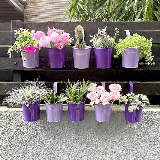 LaLaGreen Hanging Planter Outdoor - 10 Pack, 4 Inch Fence Planters Outdoor Purple Hanging Window Flower Bucket Metal Succulent Pots Balcony Railing Wall Garden Deck Porch Herb Plant Macetas Exterior