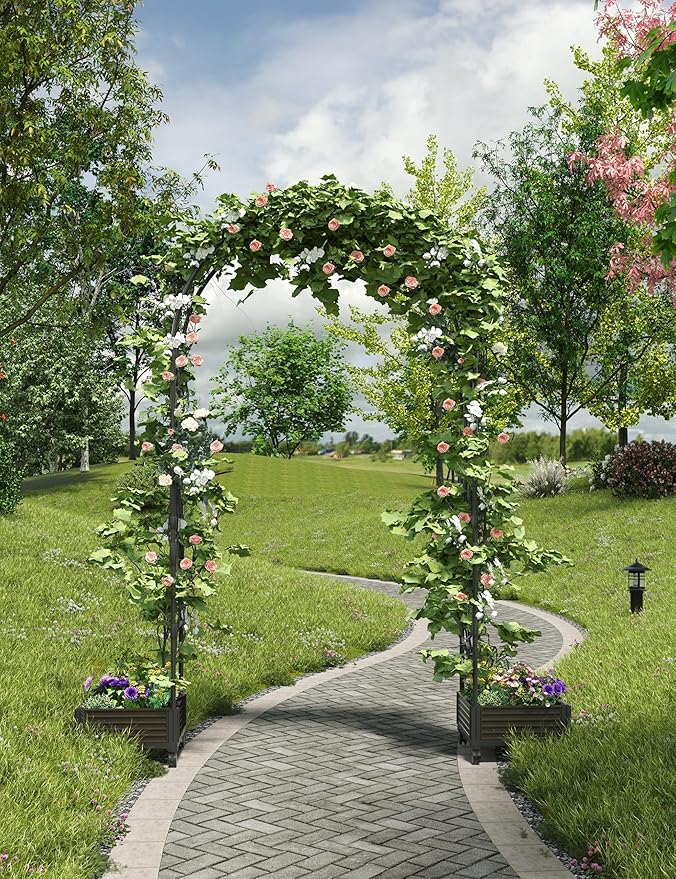 94.5 Inch Garden Arch Trellis with 2 Planter Boxes for Climbing Plants, PE Coated Metal Wedding Arch Arbor with Planter Box for Outdoor Decor, Party Backdrop & Flower Support