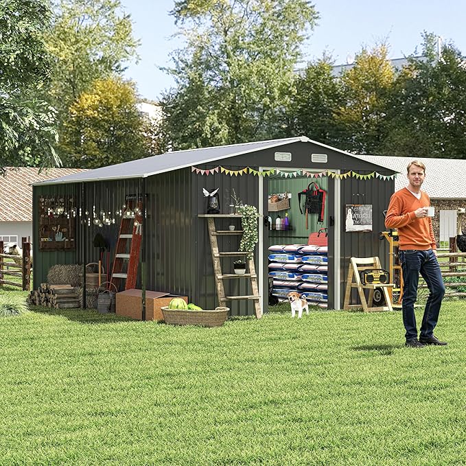 10x12 FT Outdoor Storage Shed,Extra Large Metal Garden Tool Shed with Lockable Doors,Windows & Air Vents,Dual-Zone Design Outside Steel Tiny House for Backyard, Patio Lawn,Dark Gray