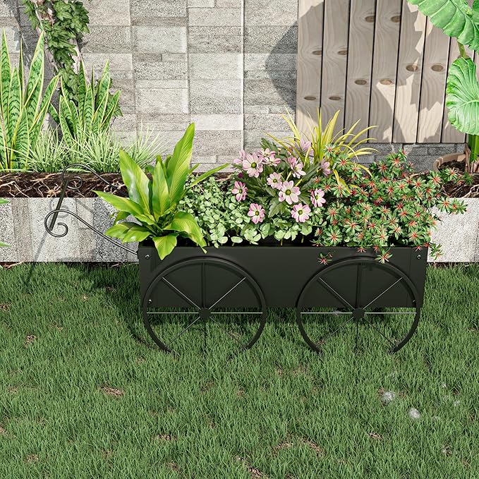 Small Raised Garden Bed Outdoor with Wagon Wheels, Metal Wagon Planter Box, Decorative Garden Planter for Flowers Herbs Vegetables, Flower Cart for Patio, Balcony (Black)
