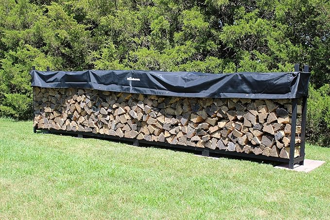 Woodhaven 16 Foot Black Large Outdoor Firewood Rack With Seasoning Cover - 1 Cord Fire Log Holder - Powder Coated Steel Firewood Holder - Made In USA (Cover)