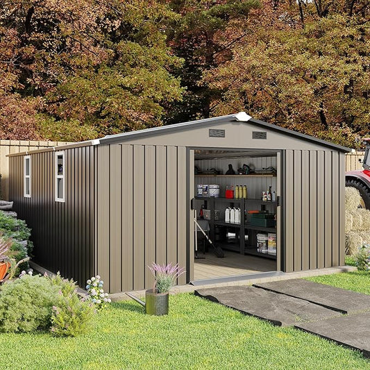 10x12 FT Outdoor Storage Shed, Extra Large Metal Shed with Lockable Doors,Vent & 2 Windows, All-Weather Tool Shed Storage House for Backyard,Garden,Patio, Lawn, Brown