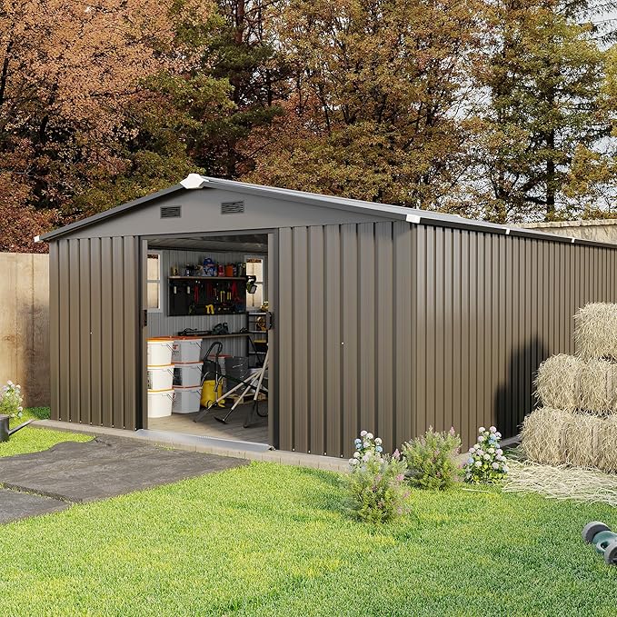 10x12 FT Outdoor Storage Shed, Extra Large Metal Shed with Lockable Doors,Vent & 2 Windows, All-Weather Tool Shed Storage House for Backyard,Garden,Patio, Lawn, Brown
