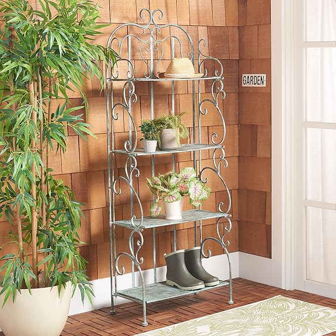 SAFAVIEH Outdoor Collection Tyrique Victorian Antique Dark Green Wrought Iron 4-Tier Shelf Unit