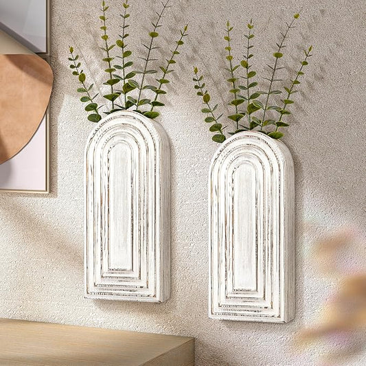 EOSAHR Pine Wood Wall Vases Set of 2 – Farmhouse Wall Decor for Living Room, Bedroom & Office – Hanging Planters for Indoor Plants & Artificial Flowers, Best Boho Chic Decor Accent (Whitewash)