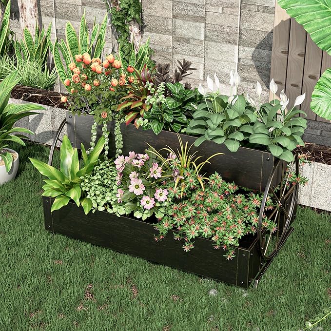 Metal Wagon Planter Box, 3-Tier Garden Planter with Wagon Wheels, Decorative Outdoor Planters for Flowers Herbs Vegetables, Flower Cart Small Raised Garden Bed for Patio, Balcony (Retro Gold)