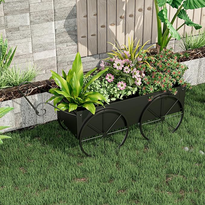 Small Raised Garden Bed Outdoor with Wagon Wheels, Metal Wagon Planter Box, Decorative Garden Planter for Flowers Herbs Vegetables, Flower Cart for Patio, Balcony (Black)