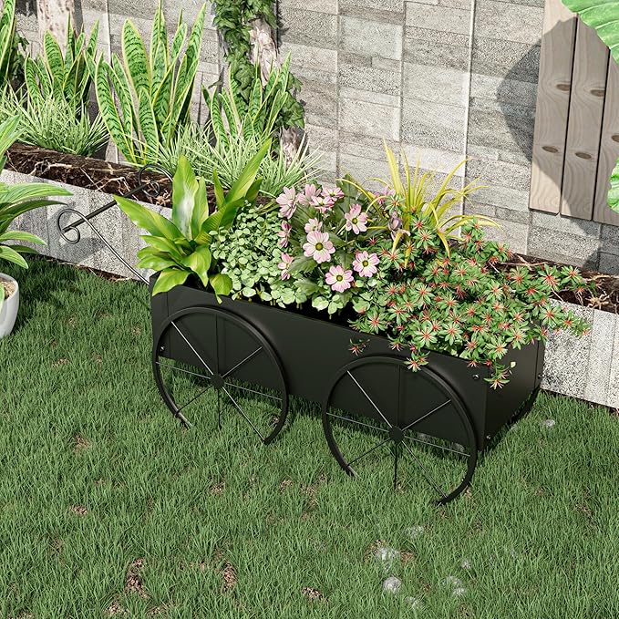 Small Raised Garden Bed Outdoor with Wagon Wheels, Metal Wagon Planter Box, Decorative Garden Planter for Flowers Herbs Vegetables, Flower Cart for Patio, Balcony (Black)
