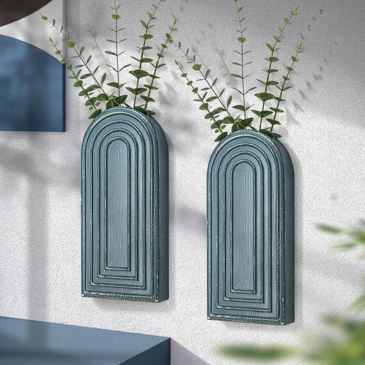 EOSAHR Pine Wood Wall Vases Set of 2 – Boho Decor Wall Planters for Indoor Plants & Flowers – Farmhouse Hanging Vases for House Decorations Living Room, Bedroom, Kitchen & Office (Denim Blue)