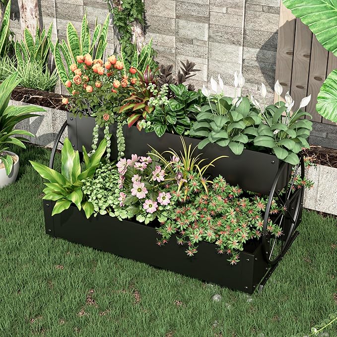 Metal Wagon Planter Box, 3-Tier Garden Planter with Wagon Wheels, Decorative Outdoor Planters for Flowers Herbs Vegetables, Flower Cart Small Raised Garden Bed for Patio, Balcony (Black)