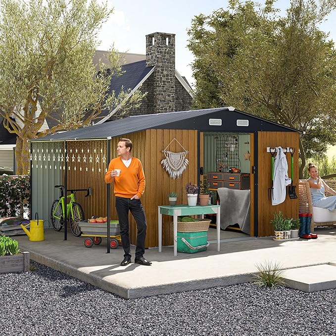10x12 FT Outdoor Storage Shed,Extra Large Metal Garden Tool Shed with Lockable Doors,Windows & Air Vents,Dual-Zone Design Outside Steel Tiny House for Backyard, Patio Lawn,Yellow