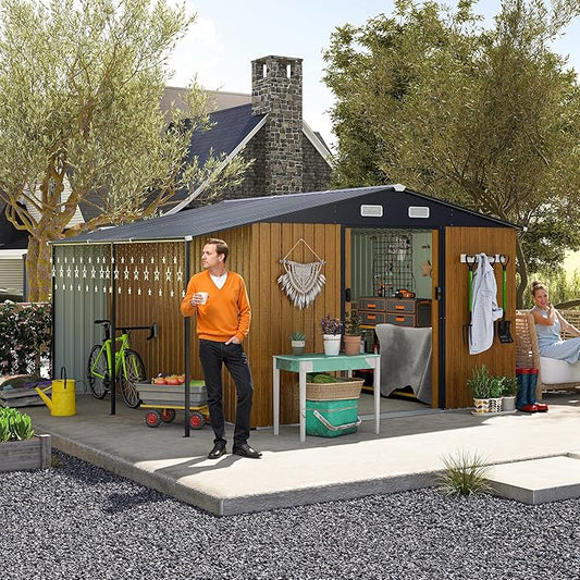 10x12 FT Outdoor Storage Shed,Extra Large Metal Garden Tool Shed with Lockable Doors,Windows & Air Vents,Dual-Zone Design Outside Steel Tiny House for Backyard, Patio Lawn,Yellow