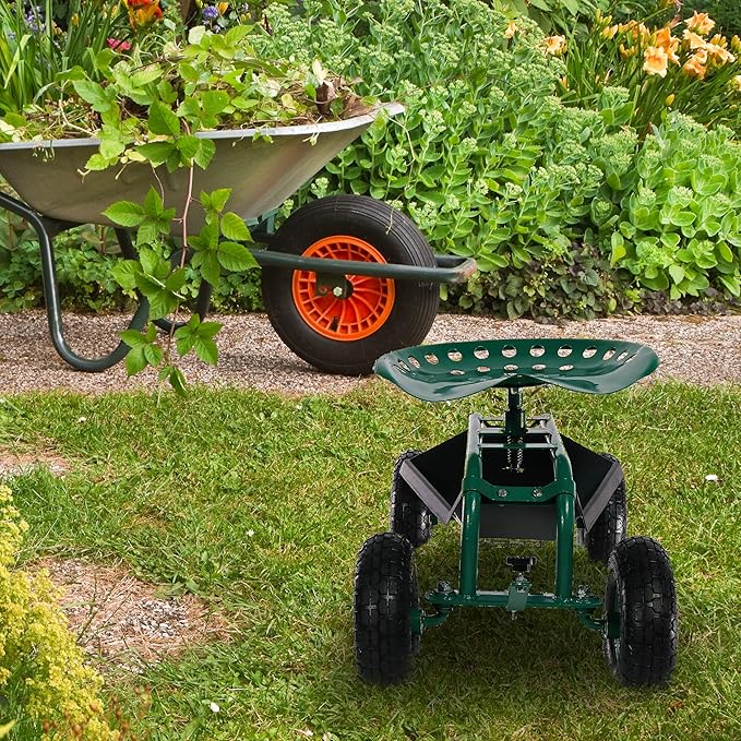 Sunnydaze Rolling Garden Cart with Seat - Garden Stool with Wheels and Adjustable 360-Degree Swivel Seat - Utility Tool Tray and Storage Basket - Green