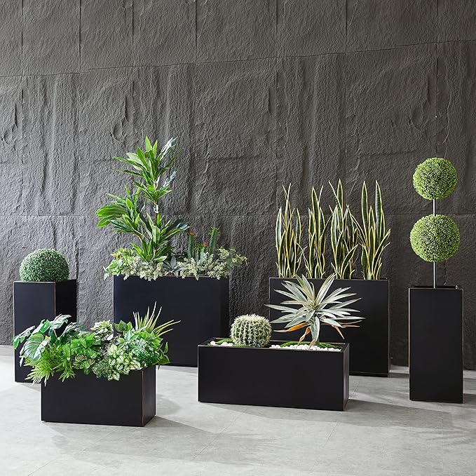 Wallowa Metallic Heavy Long and Large Outdoor/Indoor Planter, Rectangular Trough Planter Box, 38”Lx15”Wx15”H, 40Pounds, Black with Hand Brushed Gold Edge, No Assemble and Seamless