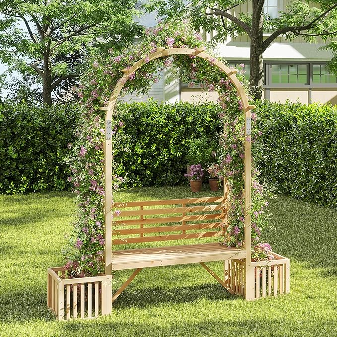 Happygrill Garden Arbor with Bench & 2 Planter, Wooden Garden Arch for Climbing Plants w/Love Seat, 2 Trellises & Planting Box to Grow Grapes & Vines, 2-Person Outdoor Wood Seating for Patio, Backyard