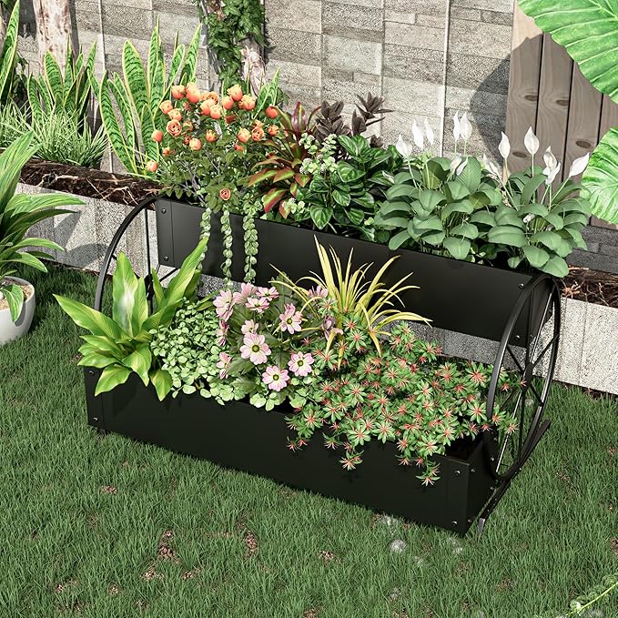 Metal Wagon Planter Box, 2-Tier Garden Planter with Wagon Wheels, Decorative Outdoor Planters for Flowers Herbs Vegetables, Flower Cart Small Raised Garden Bed for Patio, Balcony (Black)