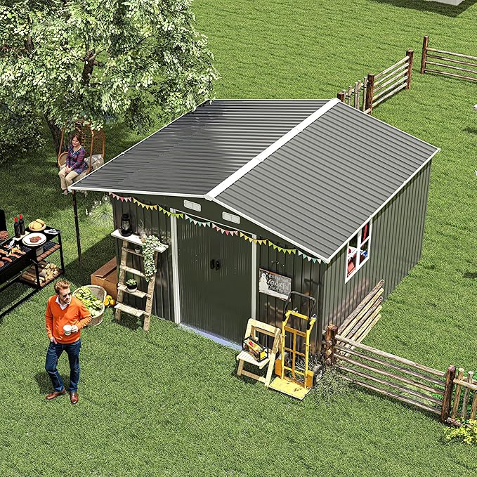 10x12 FT Outdoor Storage Shed,Extra Large Metal Garden Tool Shed with Lockable Doors,Windows & Air Vents,Dual-Zone Design Outside Steel Tiny House for Backyard, Patio Lawn,Dark Gray