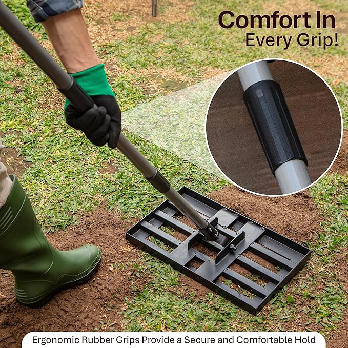 Lawn Leveling Rake with Work Gloves - Heavy-Duty Yard Leveling Rake - 17" X 10" Lawn Leveler Rake with 6.5ft Adjustable Pole - Quick to Assemble Rakes for Lawns and Garden