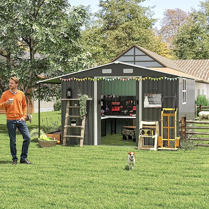 10x12 FT Outdoor Storage Shed,Extra Large Metal Garden Tool Shed with Lockable Doors,Windows & Air Vents,Dual-Zone Design Outside Steel Tiny House for Backyard, Patio Lawn,Dark Gray