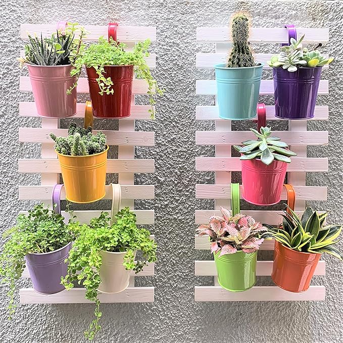 LaLaGreen Small Hanging Planters Outdoor - 10 Pack, 4 Inch Rainbow Planter Colorful Flower Pots Metal Iron, Rail Balcony Garden Deck Railing Plant Hanger Fence Wall, Herb Bucket Indoor Window Boxes