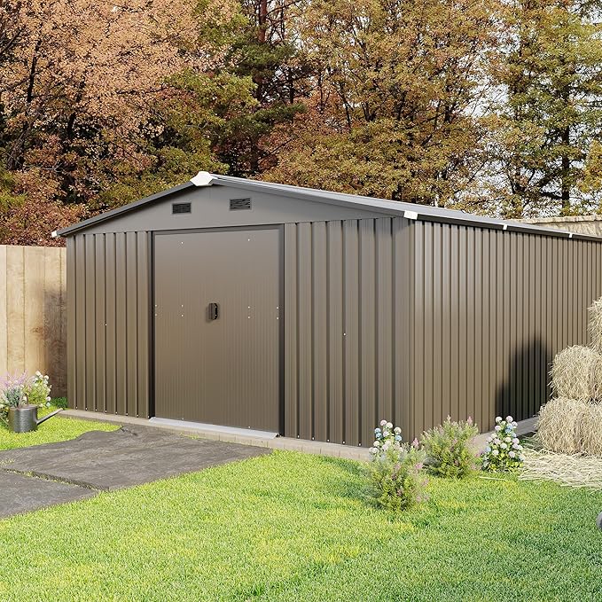 10x12 FT Outdoor Storage Shed, Extra Large Metal Shed with Lockable Doors,Vent & 2 Windows, All-Weather Tool Shed Storage House for Backyard,Garden,Patio, Lawn, Brown