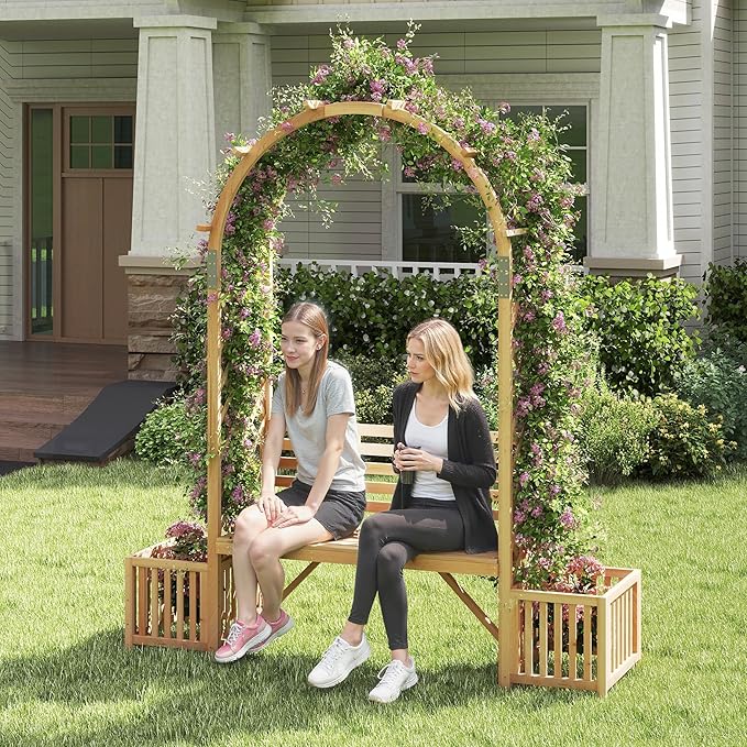 Happygrill Garden Arbor with Bench & 2 Planter, Wooden Garden Arch for Climbing Plants w/Love Seat, 2 Trellises & Planting Box to Grow Grapes & Vines, 2-Person Outdoor Wood Seating for Patio, Backyard