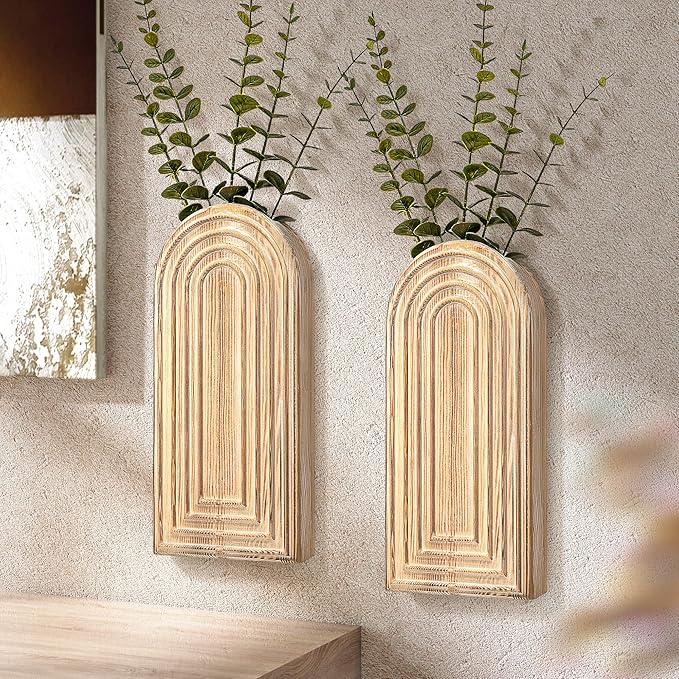 EOSAHR Pine Wood Set of 2 Wall Vases – Farmhouse Wall Decor for Bedroom, Living Room, Bathroom & Office – Hanging Planters for Indoor Plants with Best Boho Decor (Natural Wood)