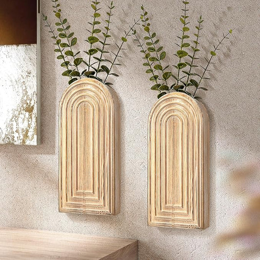 EOSAHR Pine Wood Set of 2 Wall Vases – Farmhouse Wall Decor for Bedroom, Living Room, Bathroom & Office – Hanging Planters for Indoor Plants with Best Boho Decor (Natural Wood)