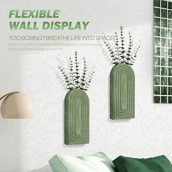 EOSAHR Pine Wood Wall Vases Set of 2 – Decorative Hanging Vases for Indoor Plants, Eucalyptus & Artificial Flowers – Best Boho Chic Decor Wall Art for Bathroom, Bedroom & Living Room (Green)