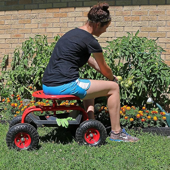 Sunnydaze Rolling Garden Cart with Swivel Seat and Storage - Rolling Garden Seat with Wheels - Gardening Stool with Wheels - Red